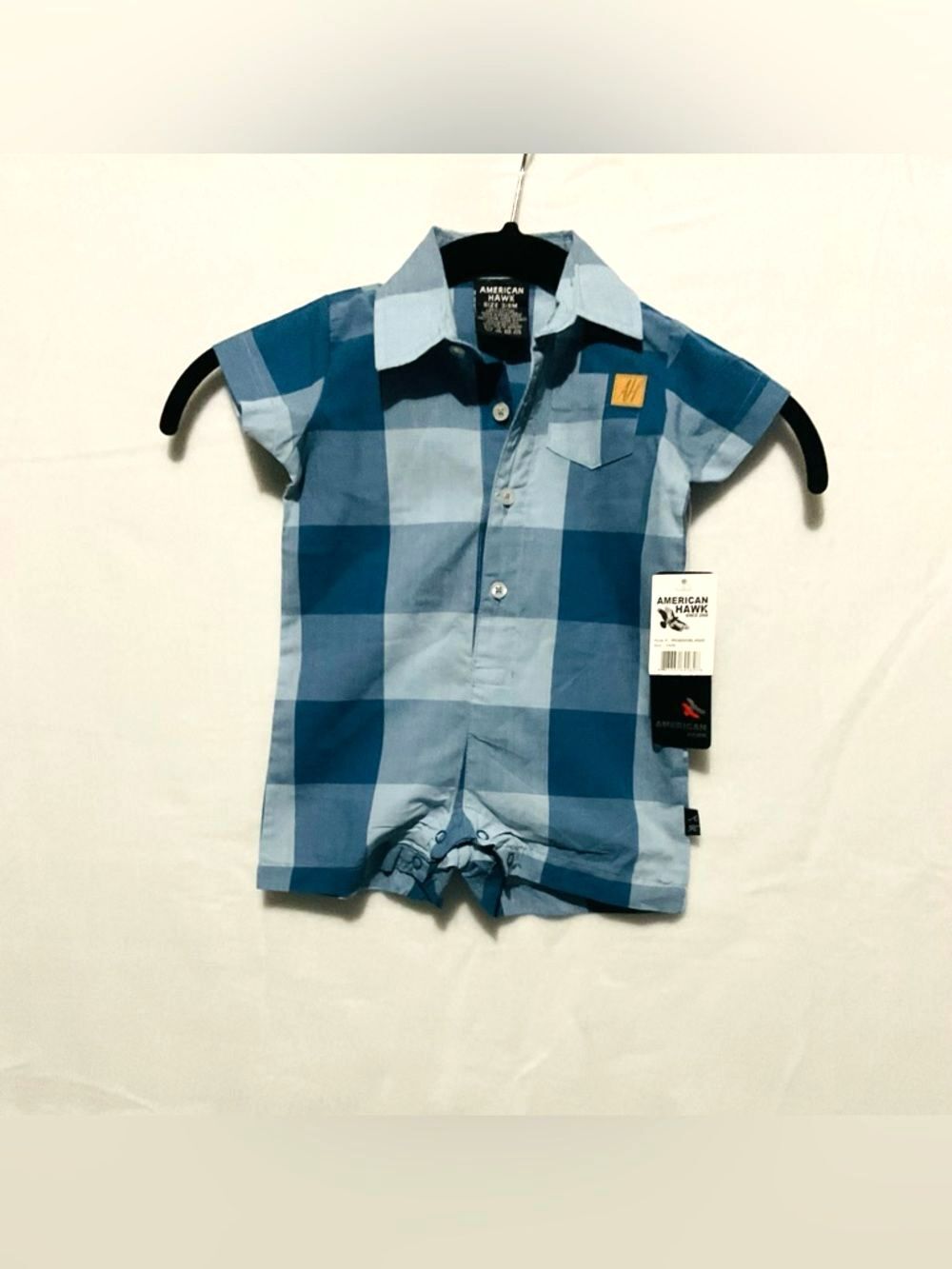 American Hawk Baby Boy NWT Blue Plaid Button-Down Romper One-Piece Size 3-6M